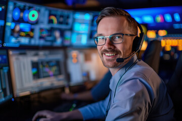 Poster - A man wearing a headset and glasses is smiling at the camera. He is sitting in front of a computer monitor with several screens