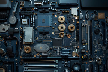Poster - A computer's motherboard is shown in detail, with many small components and wires. Concept of complexity and intricacy, as well as the importance of the computer's internal workings