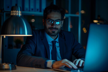 Poster - A man in a suit is sitting at a desk with a laptop in front of him. He is wearing glasses and he is focused on his work. Concept of professionalism and productivity