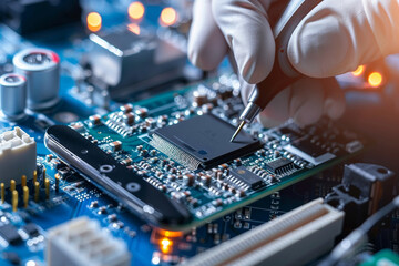 Poster - A person is working on a computer chip. Concept of precision and focus, as the person carefully handles the delicate electronic components