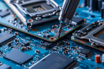 Poster - A person is working on a computer chip. Concept of precision and focus as the person carefully handles the delicate electronic component. The blue background adds a sense of depth