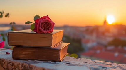 Canvas Print - A single rose lays on a stack of antique books with a city skyline and sunset in the background.