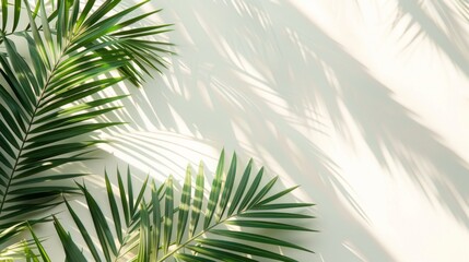 Green tropical plant leaves casting detailed shadows on a smooth white background, creating a simple and stylish natural composition. Copy space.