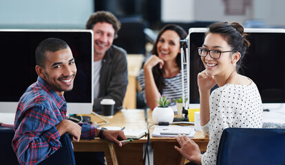 Aufkleber - Creative people, teamwork and portrait by desktop or computer planning, collaboration and workflow. Business group with diversity and about us in office for project or solution at publishing agency
