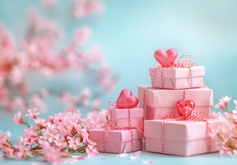 Wall Mural - Valentine's Day background with pink gift boxes and red hearts on pastel background 