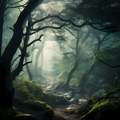 Wall Mural - Ethereal forest with mist swirling through the trees