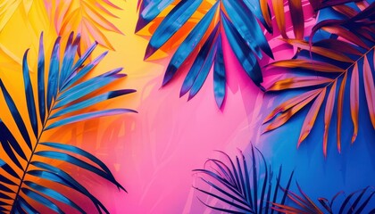 tropical bright colorful background with exotic painted palm leaves minimal summer fashion concept