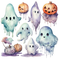 Wall Mural - Cute Halloween Ghosts and Pumpkins Watercolor Illustration. A whimsical watercolor illustration featuring cute ghosts and pumpkins.  Created using generative AI tools.