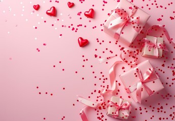 Wall Mural - Valentine's Day background with pink gift boxes and red hearts on pastel background 