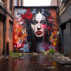 Canvas Print - Street art on a brick wall in a gritty urban environment