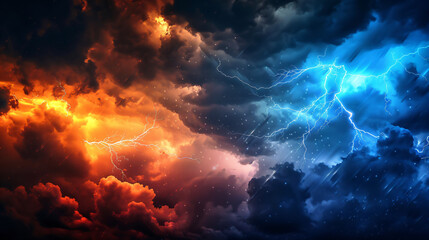 Poster - Intense contrast between fiery sunset and stormy sky with electric lightning display