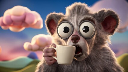A cartoon animal with big eyes holding a cup of coffee, AI