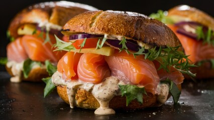 Poster - A close up of a sandwich with salmon and vegetables on it, AI