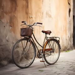 Sticker - Vintage bicycle leaning against a rustic brick wall