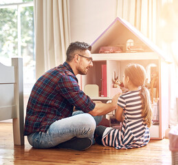 Father, child and doll house in bedroom for play, fantasy or fun together at home. Dad, kid and toys in apartment for growth, development or storytelling for family with bonding, trust or care