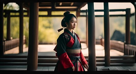 Wall Mural - Japanese Samurai woman in a Japanese temple.