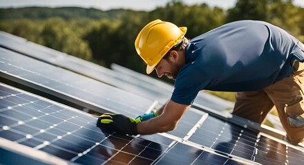 Wall Mural - Technician man cleaning solar panels.