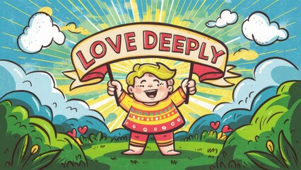 Poster - A cartoon boy holding a sign that says love deeply, AI