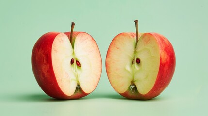 A red apple cut in half on a green background.