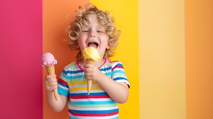 Wall Mural - A young boy with curly blonde hair smiles as he eats an ice cream cone with pink and yellow ice cream in front of a colorful background.