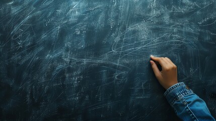 Wall Mural - A hand in a denim jacket writes on a dark blue chalkboard.