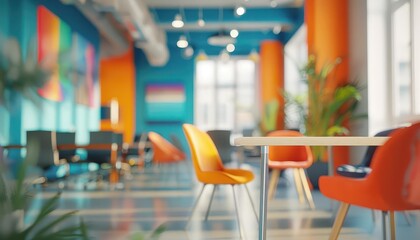 vibrant modern office interior with blurred background colorful abstract defocused bokeh contemporary workplace 3d illustration