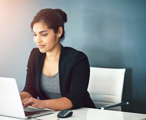 Poster - Business, thinking and woman with laptop, solution and opportunity with problem solving, planning and decision. Person, entrepreneur and journalist with ideas, internet and pc for research and choice