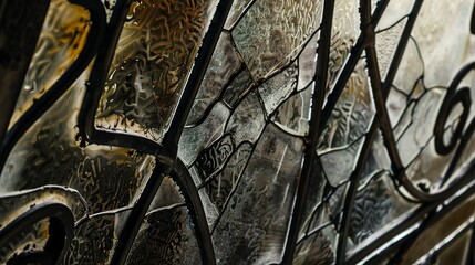 Poster - Artistic window with etched metal frame, close-up, abstract designs, soft light, detailed texture, high detail, creative edge.