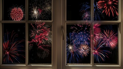 Canvas Print - Window with fireworks reflection, close-up, vibrant bursts of color, dark sky, sharp details, high resolution, festive night.