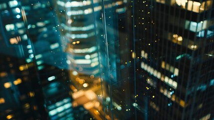 Sticker - Nighttime window view, close-up, illuminated building outlines, clear glass, sharp details, macro shot, urban nightscape. 