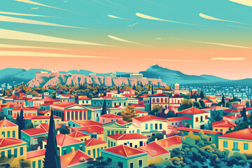 Risograph print travel poster illustration of Athens, Greece, modern, isolated, clear, simple. Artistic, stylistic, screen printing, stencil, stencilled, graphic design. Banner, wallpaper
