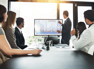 Wall Mural - Businessman, meeting and communication with data on screen for sale metrics review, insights and planning. Talking, people and finance or trading analytics for asset performance and profit management