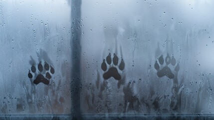 Paw prints on a foggy window, close-up, soft morning light, sharp details, macro shot, playful pet presence. 