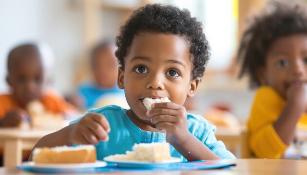 A young boy eats a delicious snack in the classroom.