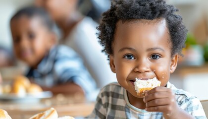 Wall Mural - A cute little boy is eating bread and smiling.