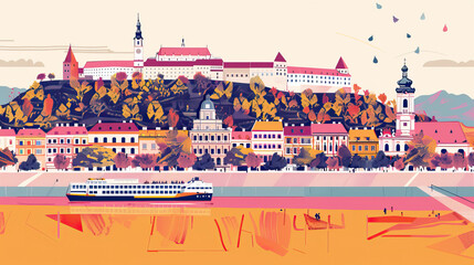 Risograph print travel poster illustration of Bratislava, Slovakia, modern, isolated, clear, simple. Artistic, stylistic, screen printing, stencil, stencilled, graphic design. Banner, wallpaper