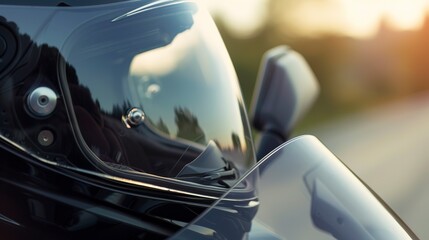 Canvas Print - Motorcycle helmet visor, close-up, road reflected, soft daylight, sharp details, macro shot, rider's perspective. 