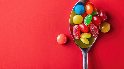 Sticker - Tasty and vibrant candies on a spoon against a colorful backdrop confectionery decorations seen from above with space for text