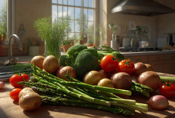 Fresh vegetables on kitchen table. Generative AI.