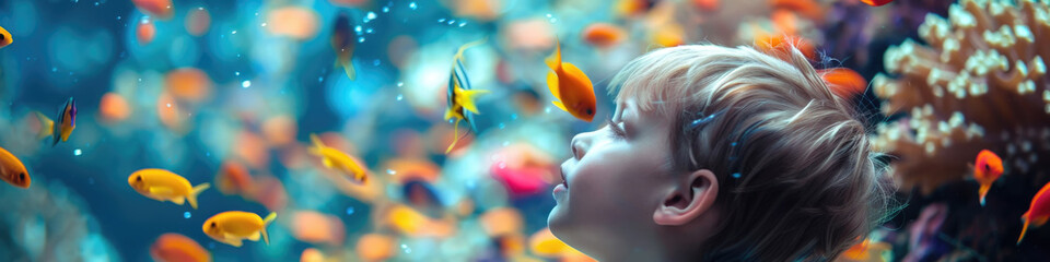 A young child gazes in wonder at a colorful fish swimming in a large aquarium, surrounded by other fish and aquatic plants