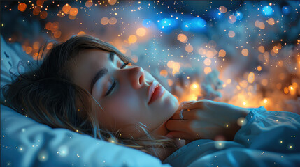 Canvas Print - An attractive girl lying on bed, dreaming of stars, with a night sky background creating a dreamy atmosphere. Generative AI.