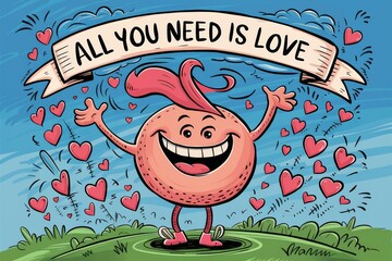 Wall Mural - A cartoon character with a heart for the word love, AI