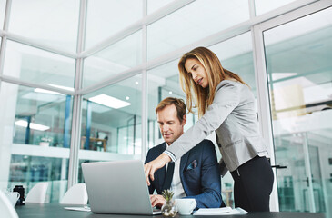 Aufkleber - Laptop, business people and mentor training, coaching or help with team project in office. Internship, computer and sales manager teaching man for learning or check work of new employee typing report