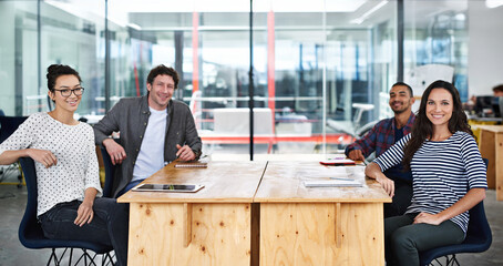 Aufkleber - Tech, meeting and portrait of creative people in boardroom for business plan, collaboration and teamwork. Happy, employees and smile with multimedia in office for web design, support and productivity