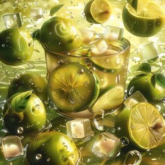 Poster - A numerous green lemons and ice cubes, creating a refreshing and cool atmosphere. Generative AI.