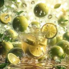 Poster - A numerous green lemons and ice cubes, creating a refreshing and cool atmosphere. Generative AI.