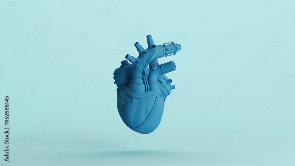 Blue artificial human heart cyborg bionic soft tones pale background 3d ...