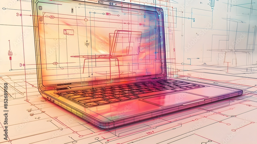 Detailed Schematic Drawing of a Slim Notebook with Precise Technical ...