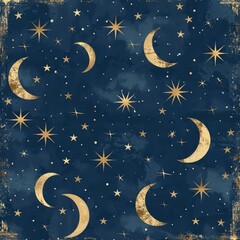 Wall Mural - elegant celestial pattern with gold crescent moons and stars on a dark blue background, creating a l