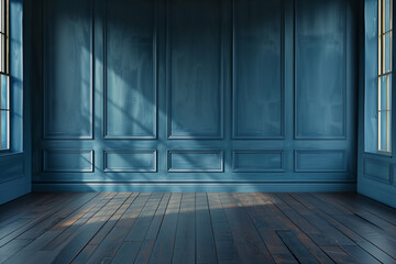 Wall Mural - Blue colored wall with wooden floor. Photography backdrop.